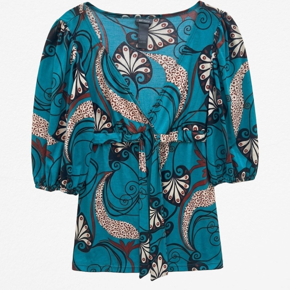 Bisou Bisou Michele Bohbot Teal Paisley Empire Waist Puff Sleeve Tunic Top 4